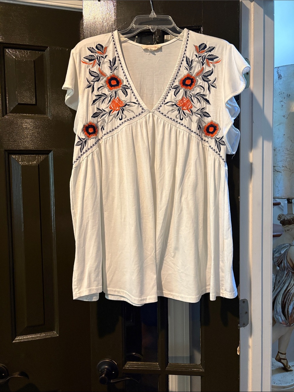 Solitaire White V-Neck Tunic with Orange and Navy Floral Embroidery